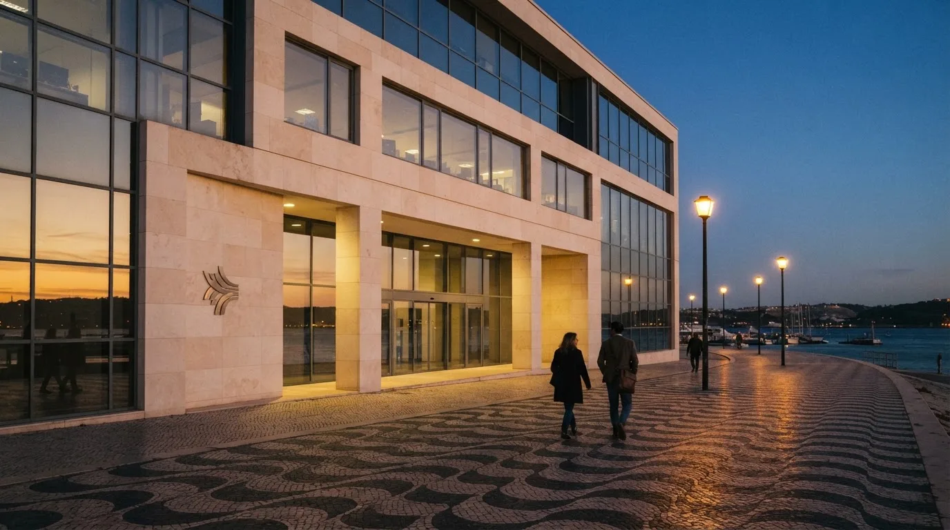 Fachada de um edifício administrativo moderno em Lisboa ao entardecer, com janelas amplas, calçada portuguesa e algumas pessoas a passar.