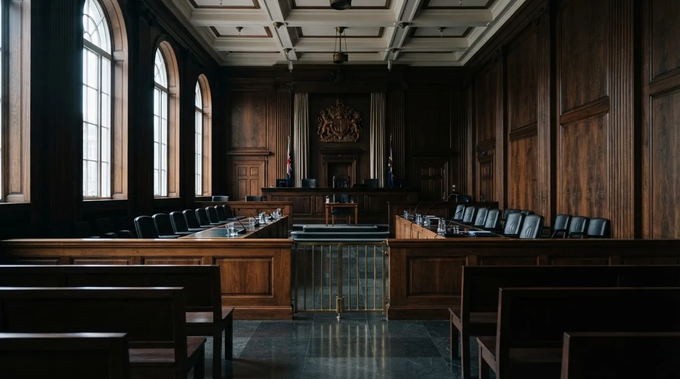 Sala de tribunal vazia com painéis de madeira, à luz da manhã — casinos com depósito mínimo pt
