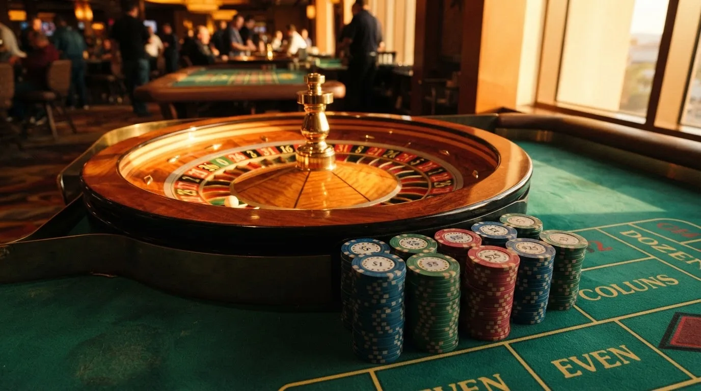 Roda de roleta e fichas sobre feltro verde, sob uma luz quente de fim de tarde — casinos com depósito mínimo pt