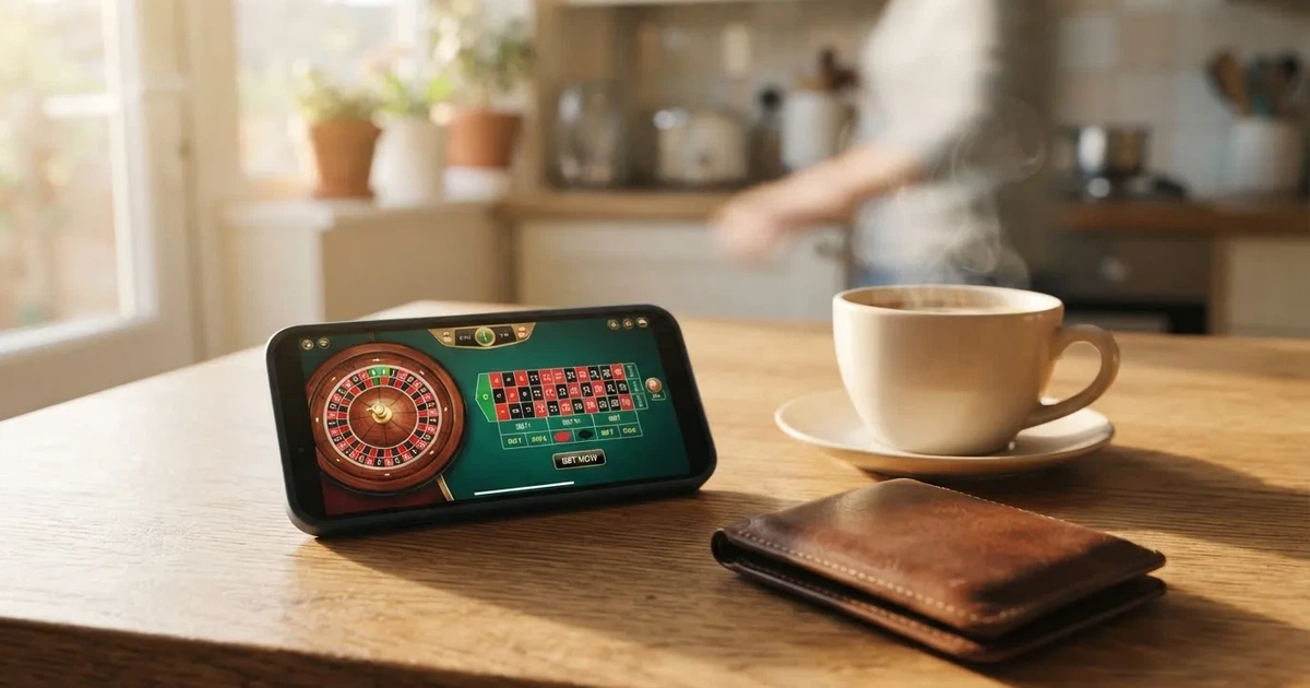 Telemóvel numa mesa de madeira ao lado de uma carteira e de uma chávena de café — casinos com depósito mínimo pt