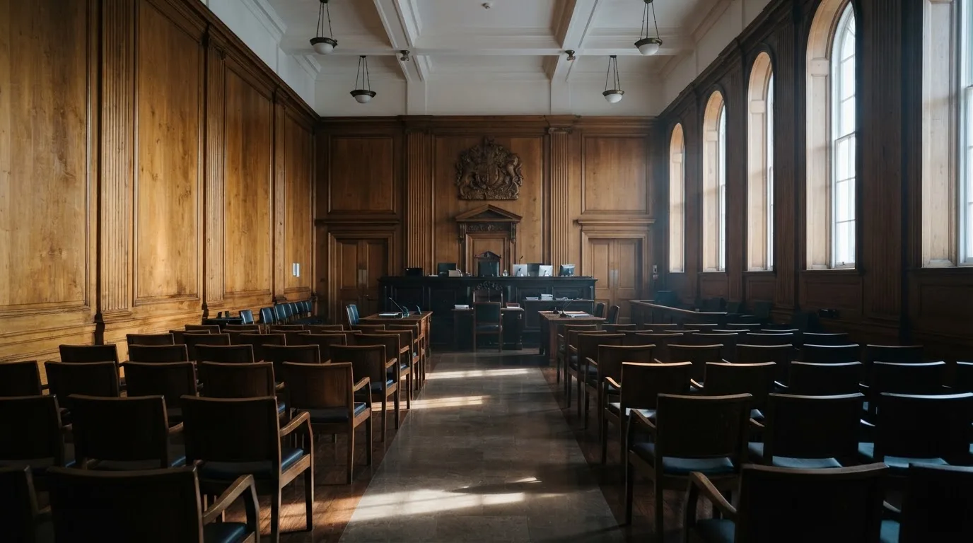 Sala de tribunal vazia com painéis de madeira, à luz da manhã — casinos com google pay em portugal