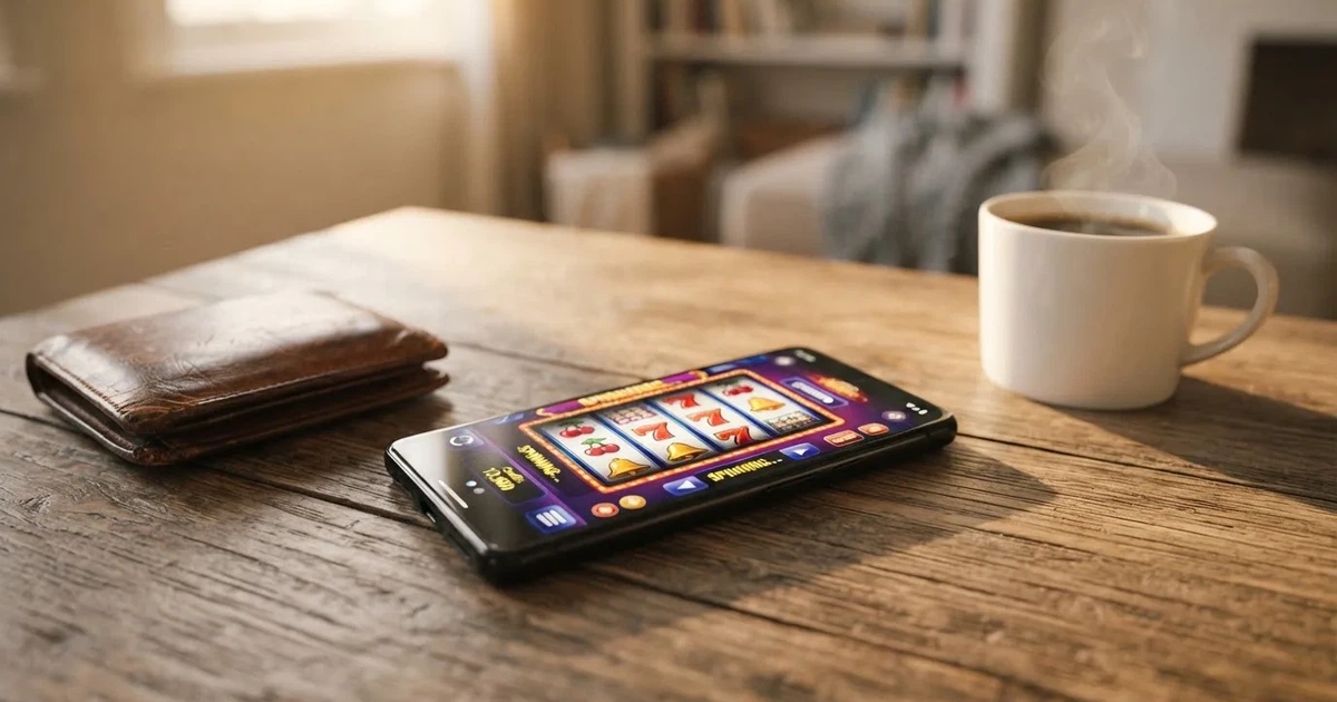 Telemóvel numa mesa de madeira ao lado de uma carteira e de uma chávena de café — casinos com google pay em portugal
