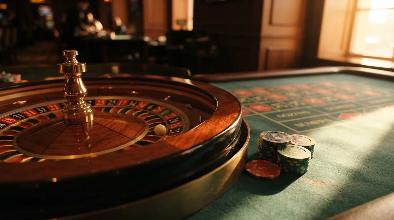 Roda de roleta e fichas sobre feltro verde, sob uma luz quente de fim de tarde — casinos com maestro em portugal