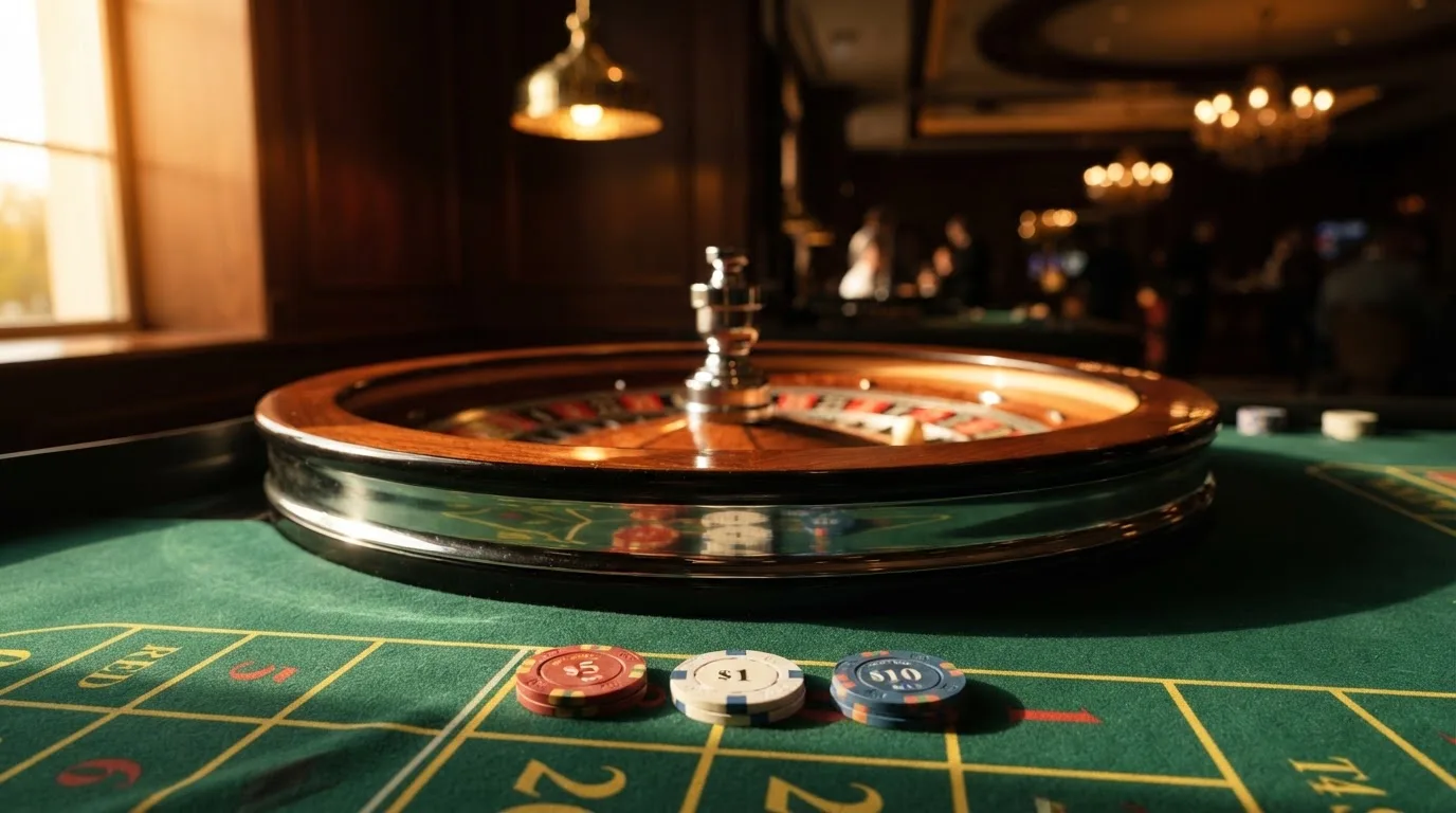 Roda de roleta e fichas sobre feltro verde, sob uma luz quente de fim de tarde — casinos com mastercard em portugal