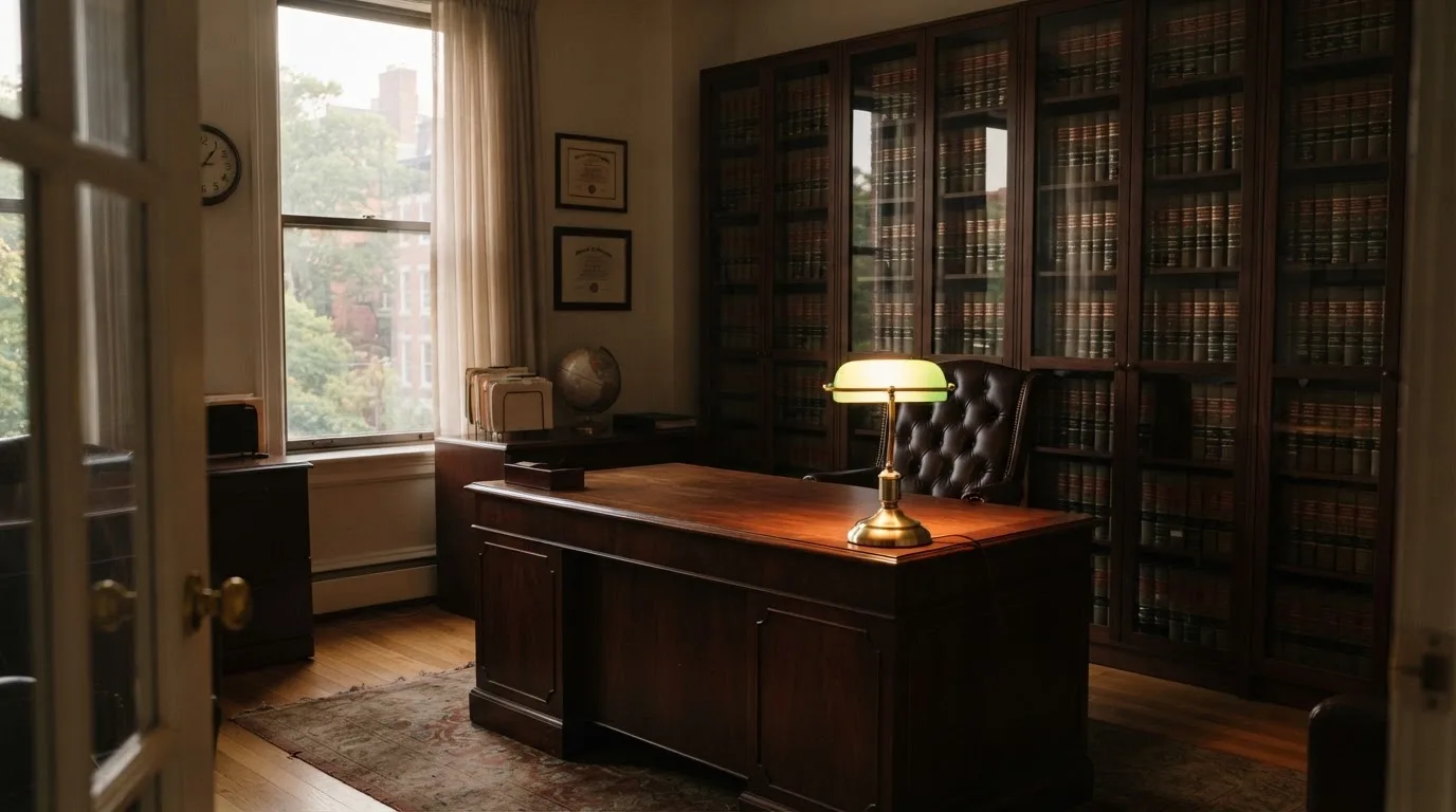 Escritório de advocacia com secretária de madeira, candeeiro de leitura e estantes de livros, sem pessoas, luz tranquila de fim de tarde.