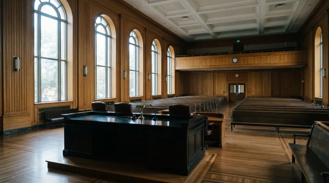 Sala de tribunal vazia com painéis de madeira, à luz da manhã — casinos com mifinity em portugal