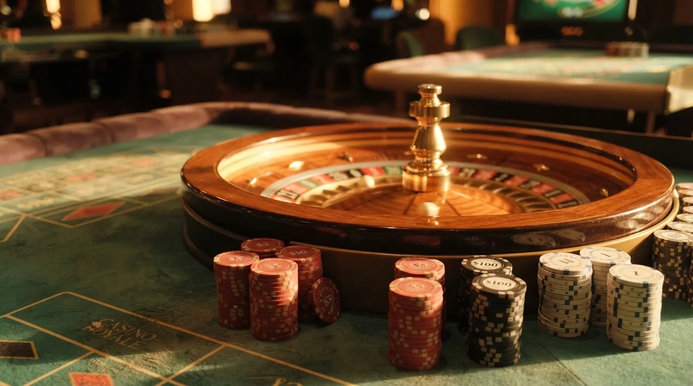 Roda de roleta e fichas sobre feltro verde, sob uma luz quente de fim de tarde — casinos com mifinity em portugal