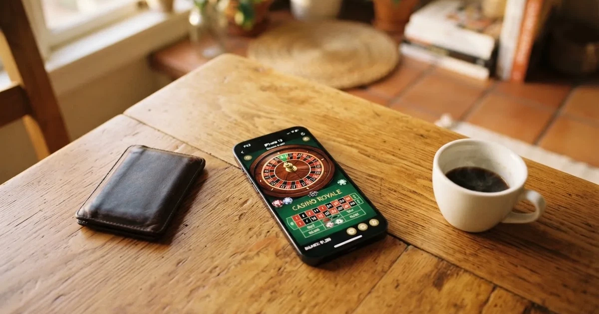 Telemóvel numa mesa de madeira ao lado de uma carteira e de uma chávena de café — casinos com mifinity em portugal