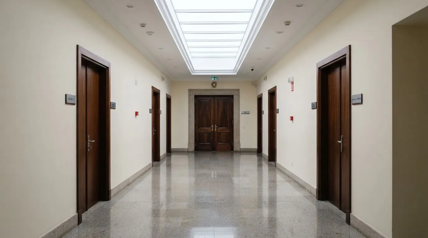 Corredor de um tribunal moderno com portas de madeira e pavimento polido, sem pessoas, luz natural vinda de uma claraboia.
