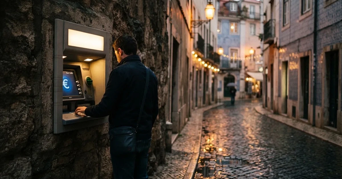 Pessoa de costas a usar um terminal bancário de rua ao anoitecer, com reflexos de candeeiros na calçada molhada.