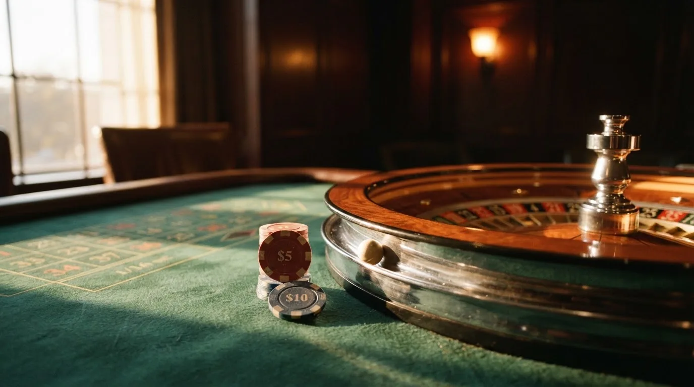 Roda de roleta e fichas sobre feltro verde, sob uma luz quente de fim de tarde — casinos com neteller em portugal