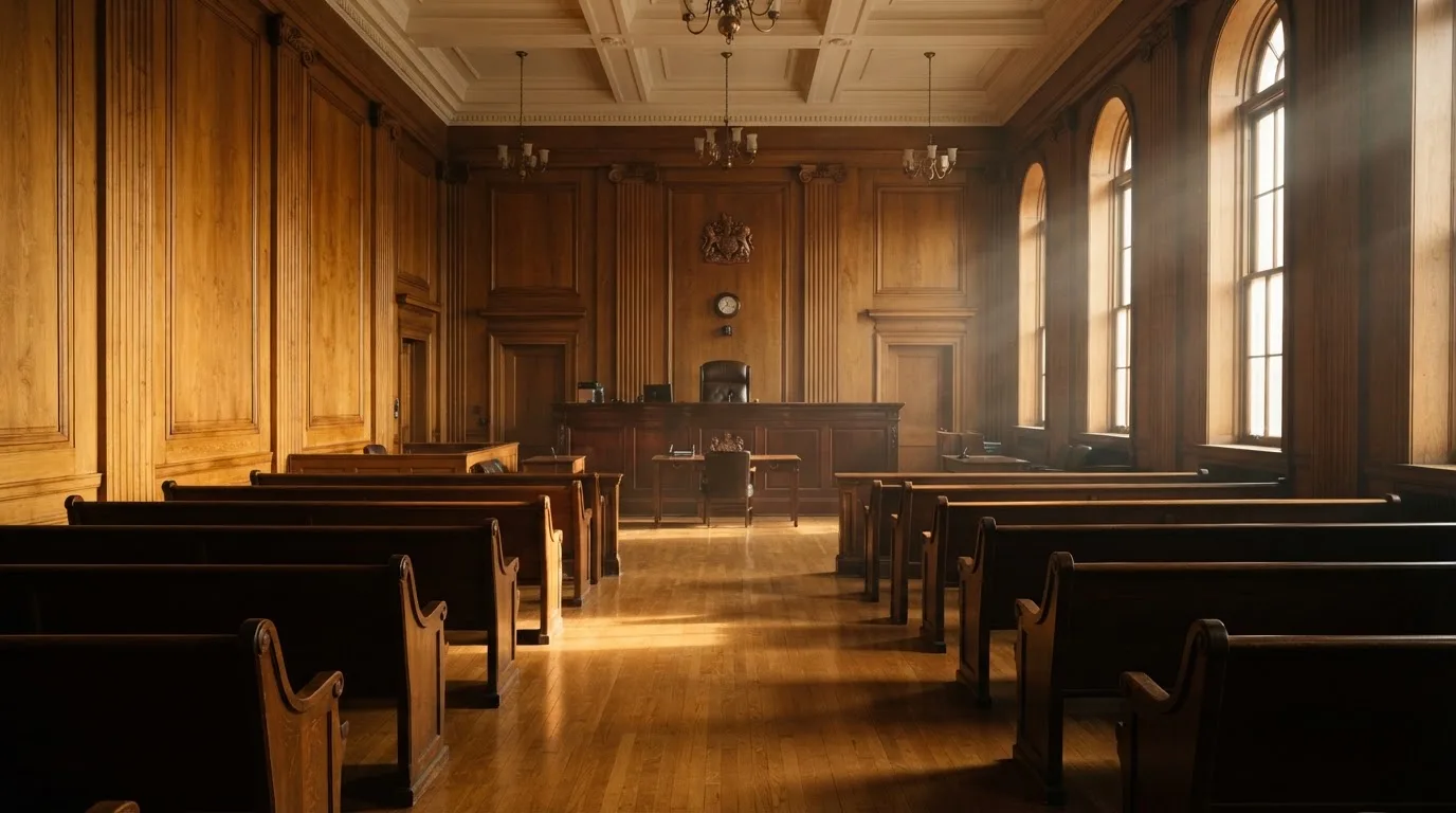 Sala de tribunal vazia com painéis de madeira, à luz da manhã — casinos com paypal em portugal