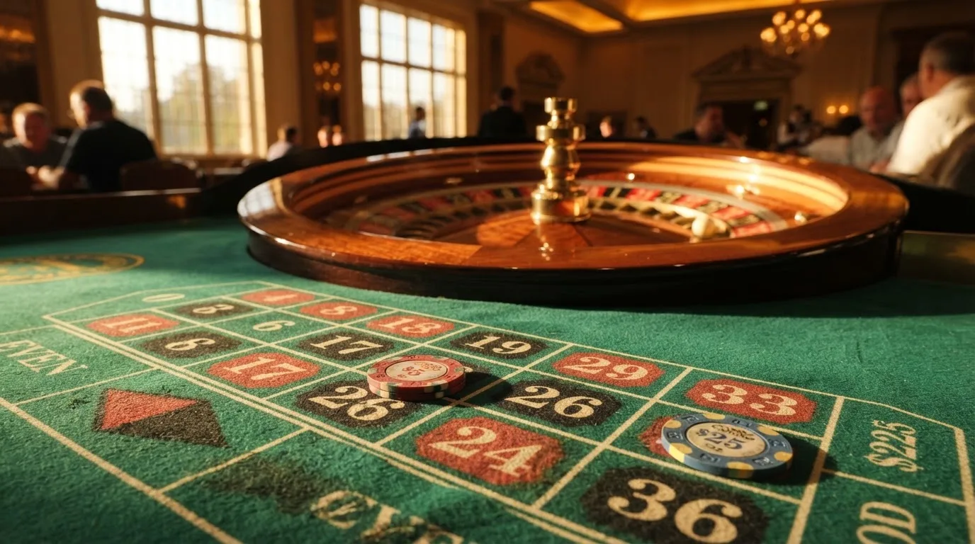 Roda de roleta e fichas sobre feltro verde, sob uma luz quente de fim de tarde — casinos com paypal em portugal