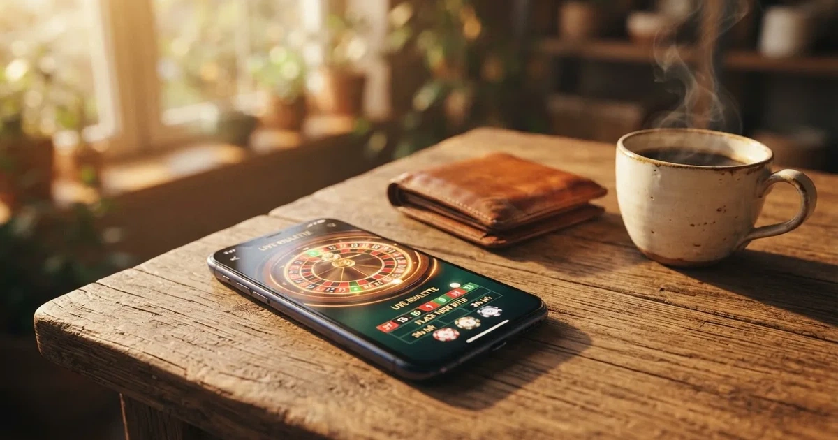 Telemóvel numa mesa de madeira ao lado de uma carteira e de uma chávena de café — casinos com paypal em portugal