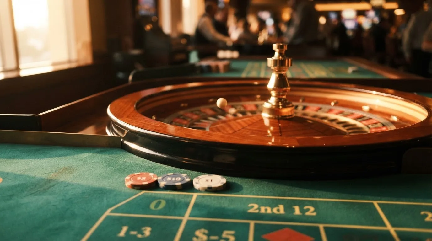 Roda de roleta e fichas sobre feltro verde, sob uma luz quente de fim de tarde — casinos com paysafecard em portugal