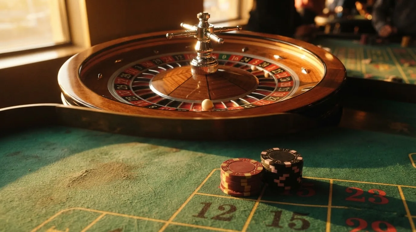 Roda de roleta e fichas sobre feltro verde, sob uma luz quente de fim de tarde — casinos com payu em portugal