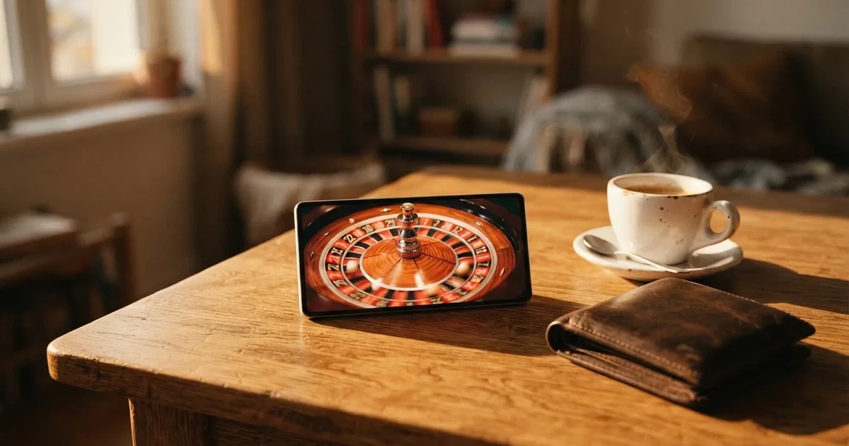 Telemóvel numa mesa de madeira ao lado de uma carteira e de uma chávena de café — casinos com payu em portugal