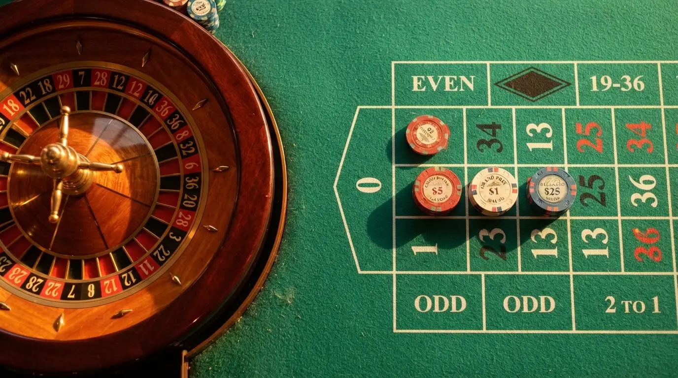 Roda de roleta e fichas sobre feltro verde, sob uma luz quente de fim de tarde — casinos com rodadas em portugal