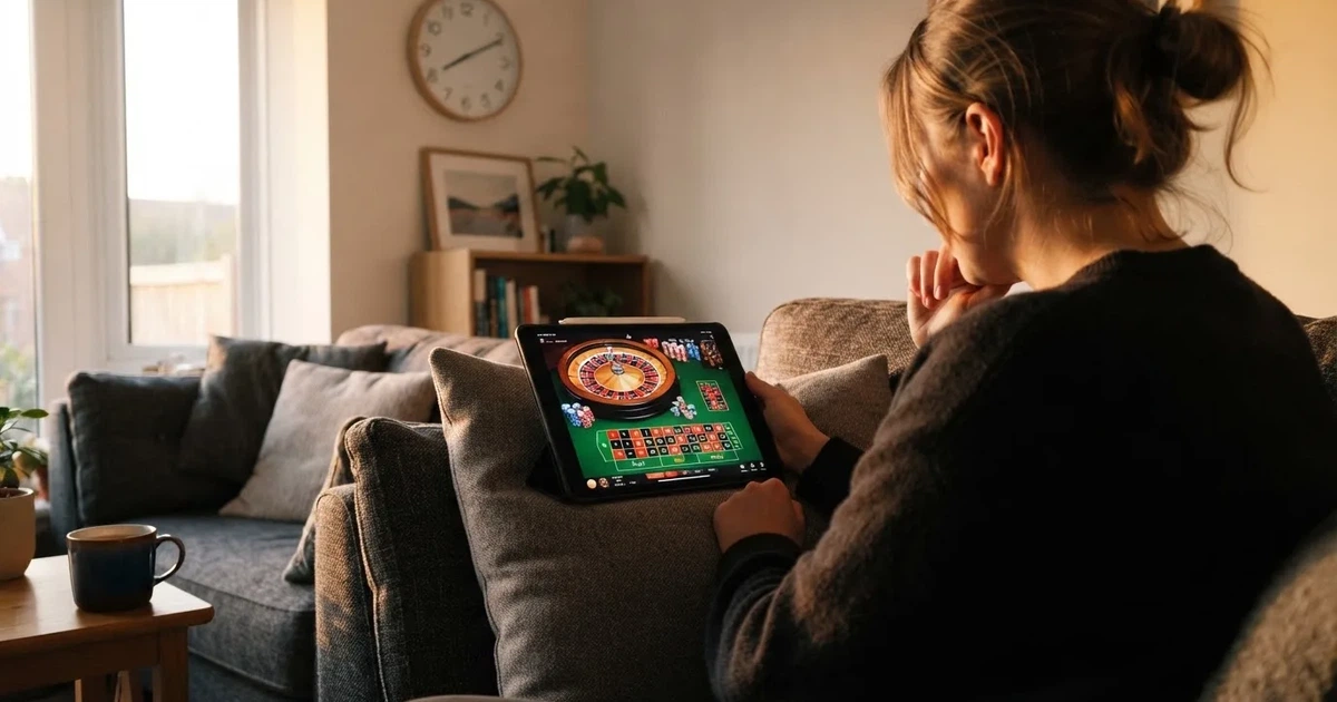 Pessoa num sofá a olhar pensativa para um tablet, com um relógio na parede atrás — casinos com rodadas em portugal