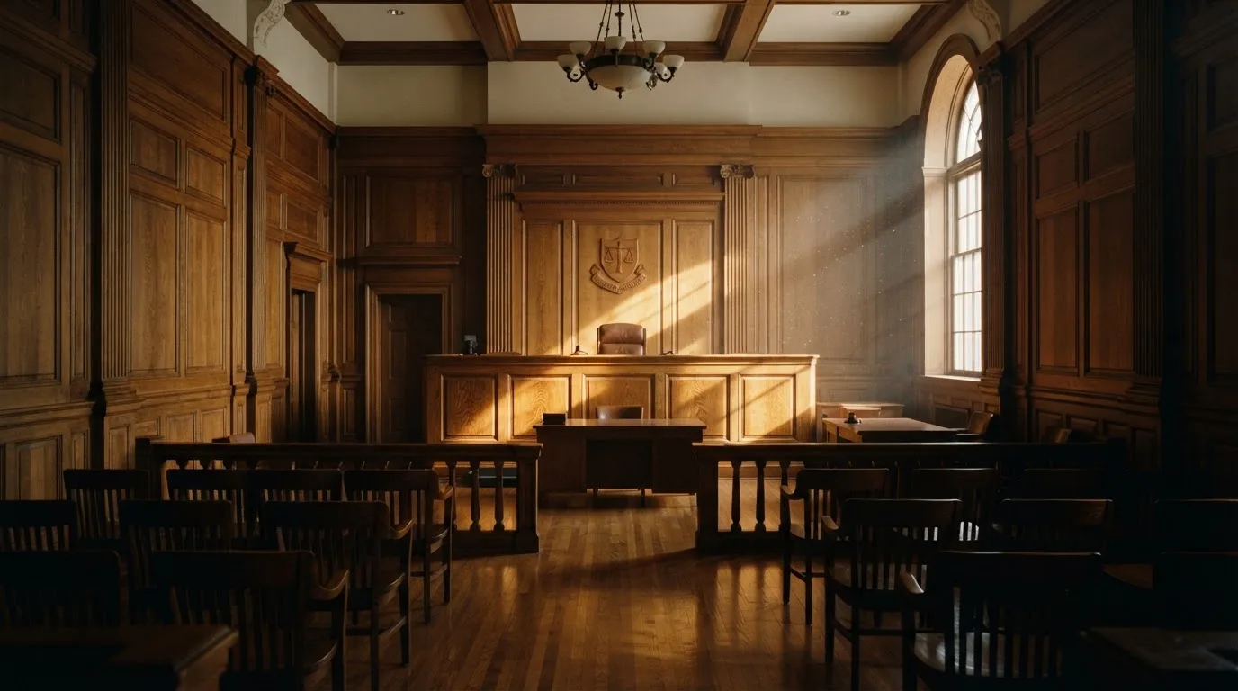 Sala de tribunal vazia com painéis de madeira, à luz da manhã — casinos com skrill em portugal