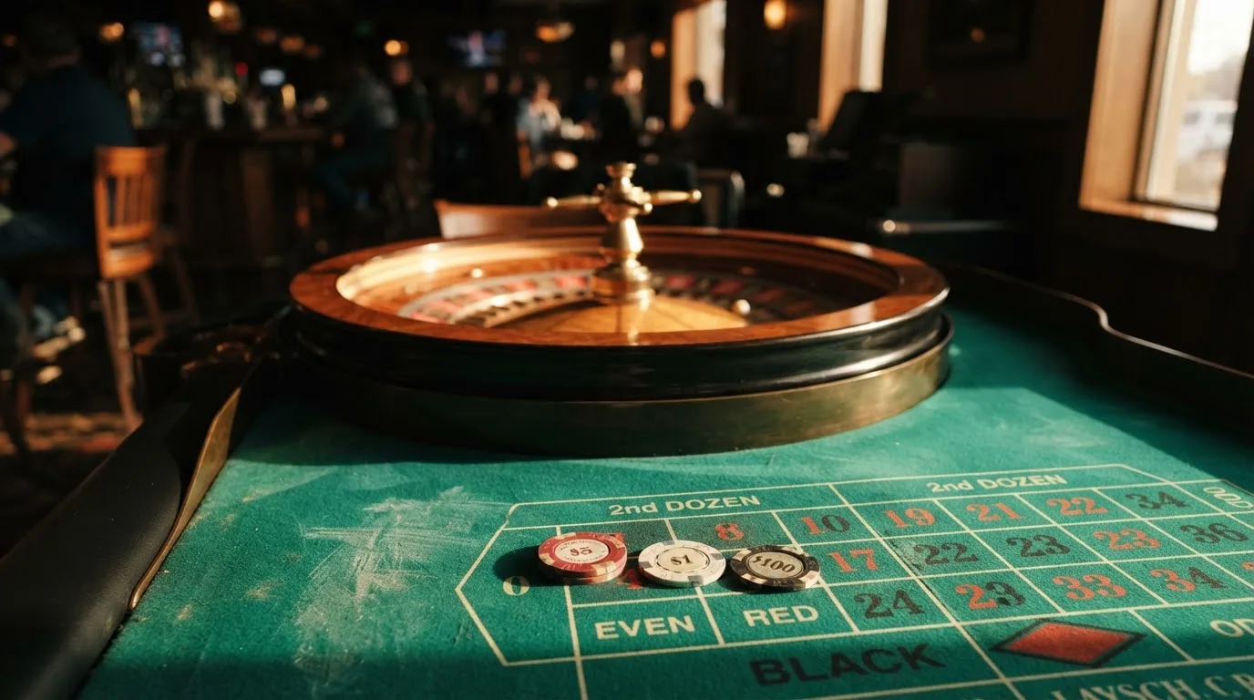 Roda de roleta e fichas sobre feltro verde, sob uma luz quente de fim de tarde — casinos com skrill em portugal
