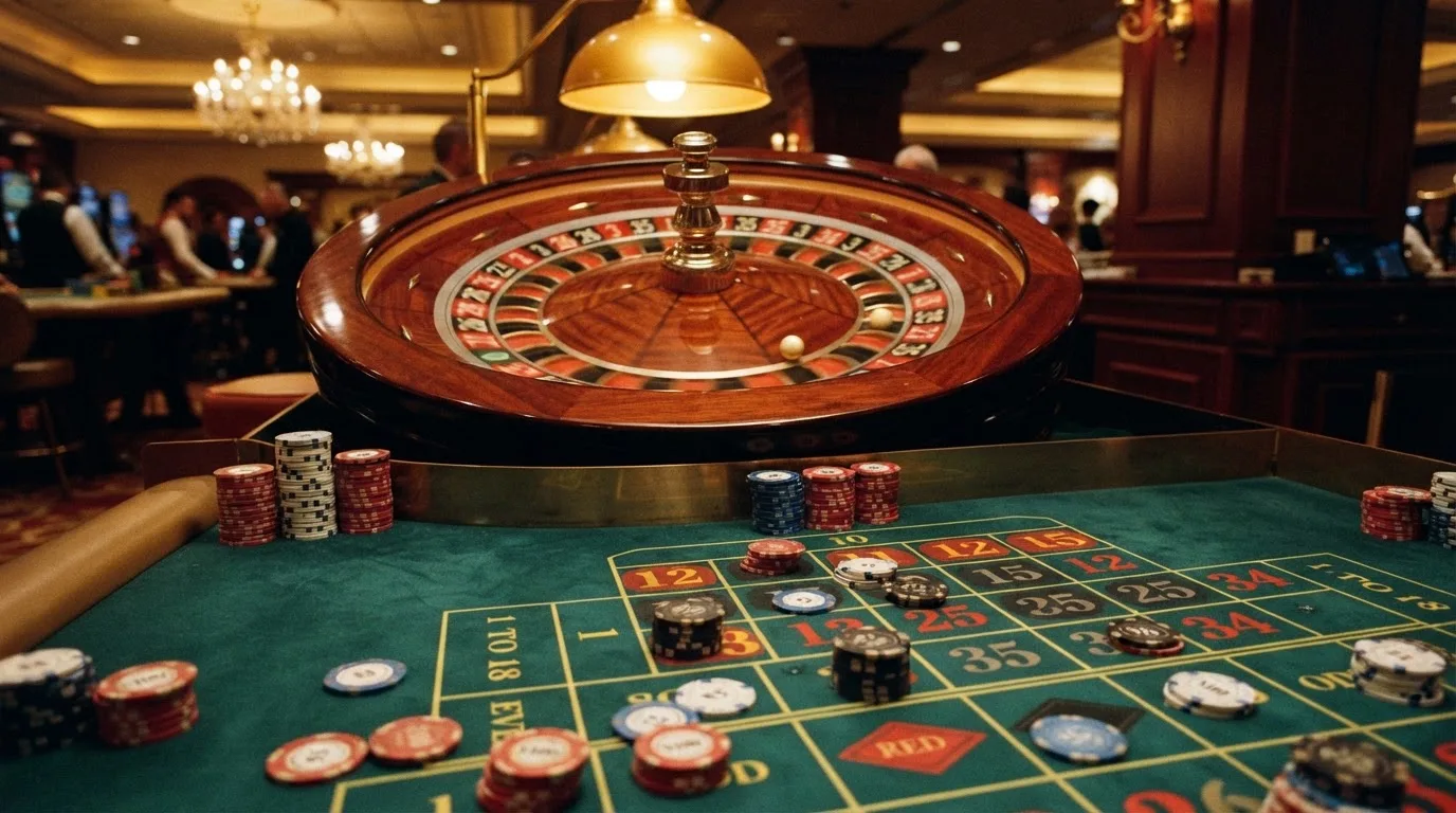 Roda de roleta e fichas sobre feltro verde, sob uma luz quente de fim de tarde — casinos com transferência bancária pt