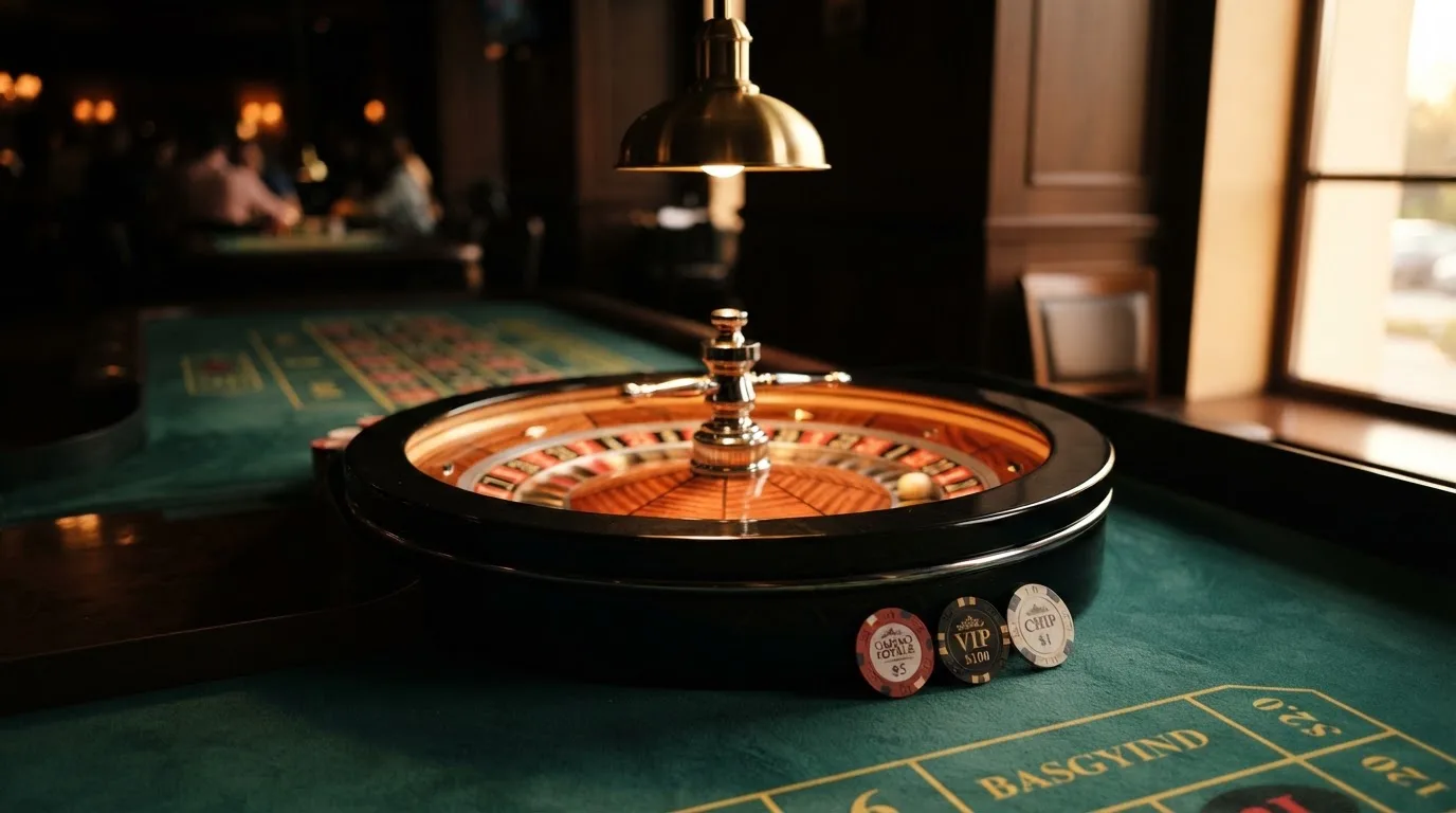 Roda de roleta e fichas sobre feltro verde, sob uma luz quente de fim de tarde — casinos com visa em portugal