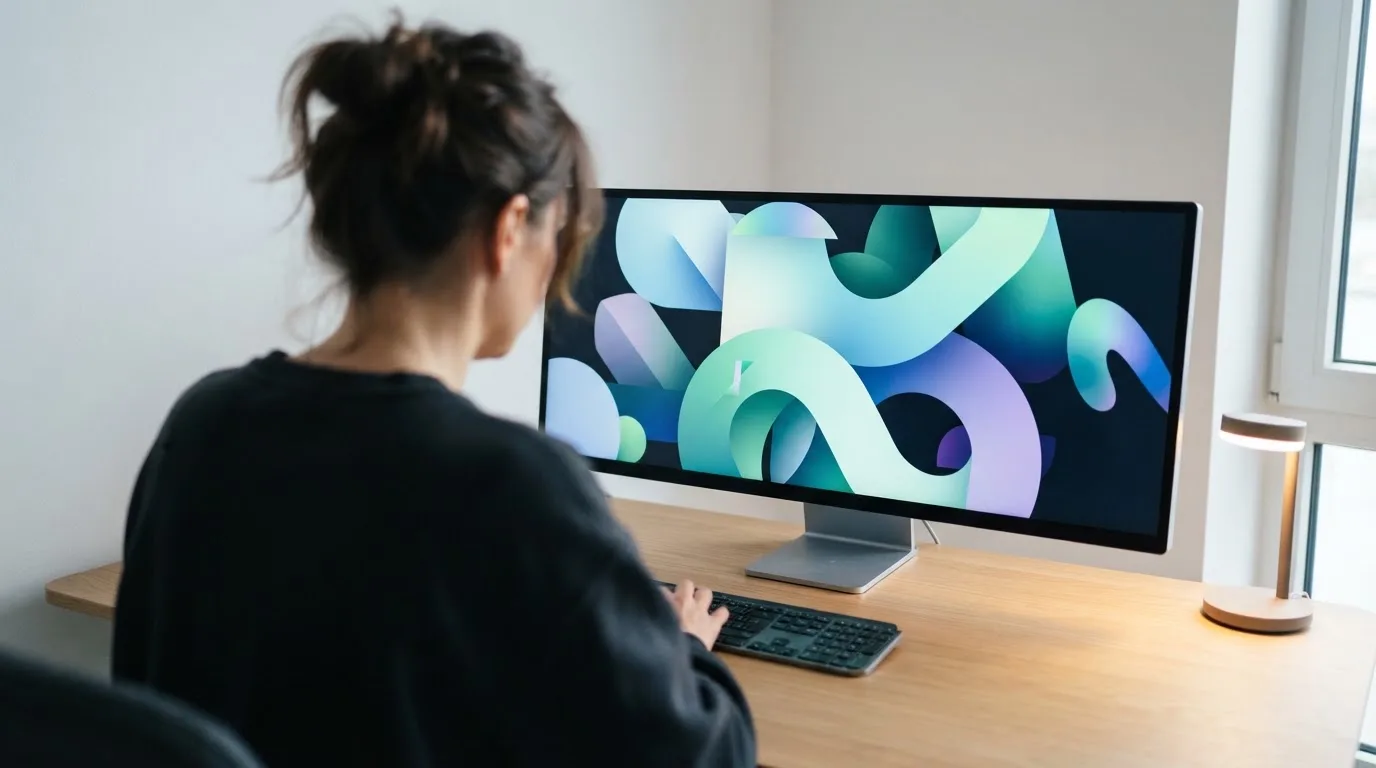 Mulher numa sala de computadores a observar um monitor com formas luminosas abstratas, ambiente de escritório moderno.