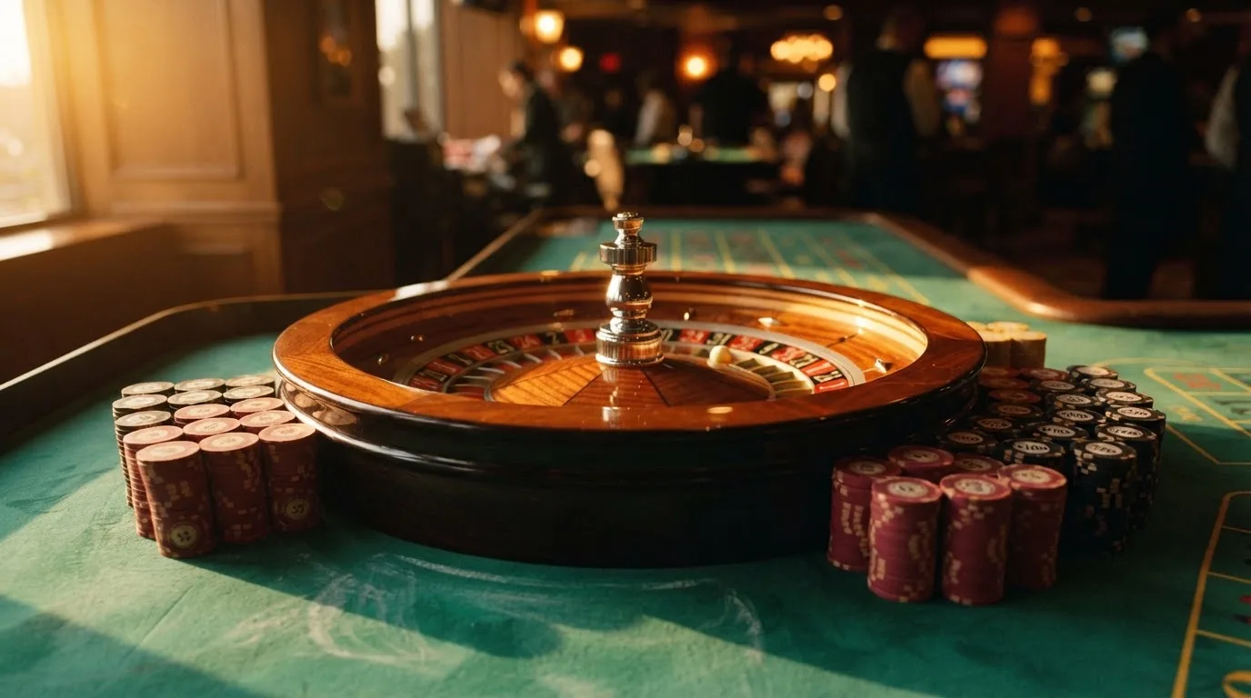 Roda de roleta e fichas sobre feltro verde, sob uma luz quente de fim de tarde — casinos grátis em portugal