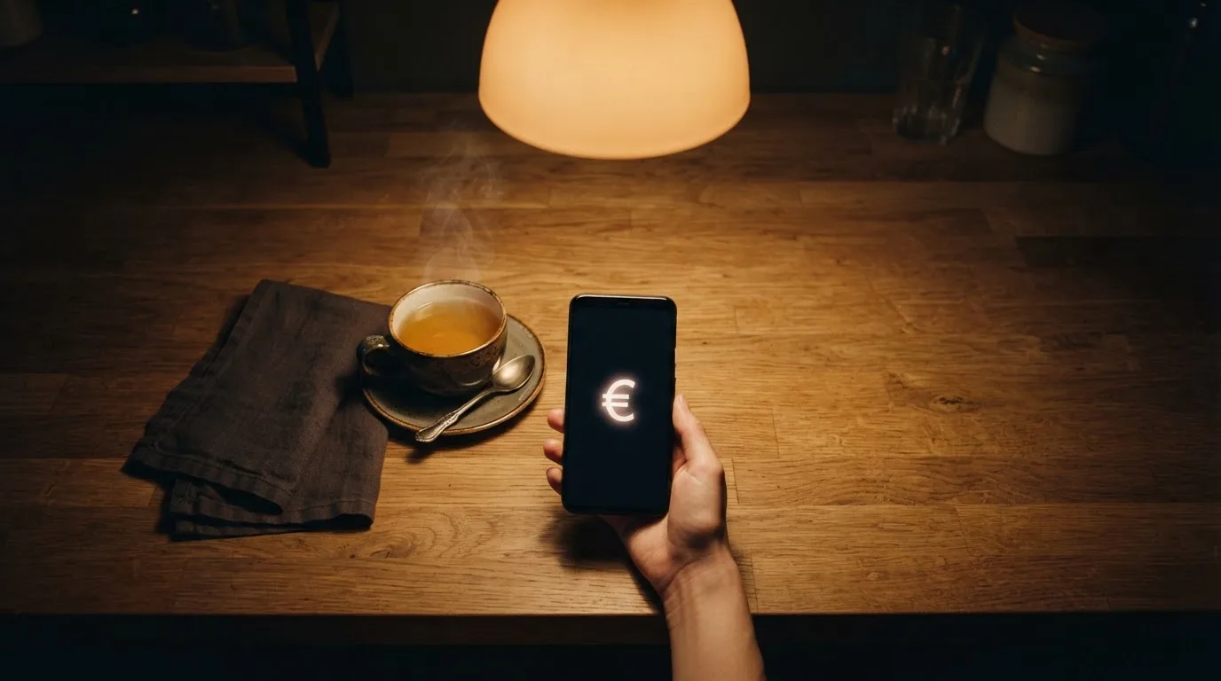 Mão a segurar um telemóvel ao lado de uma chávena de chá numa mesa de cozinha, numa noite tranquila — casinos legais em portugal