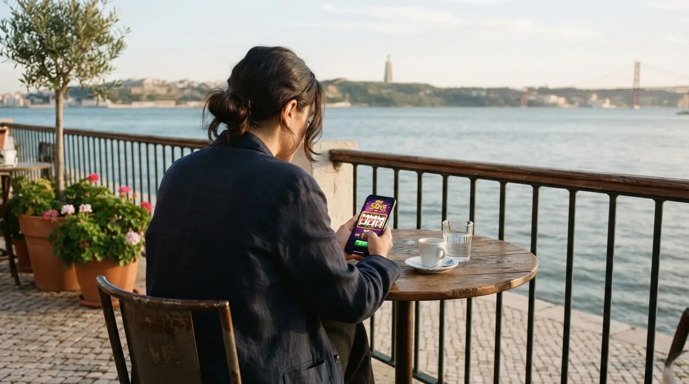 Pessoa a jogar no telemóvel numa esplanada, com um café pousado na mesa e o rio ao fundo, sob sol suave.
