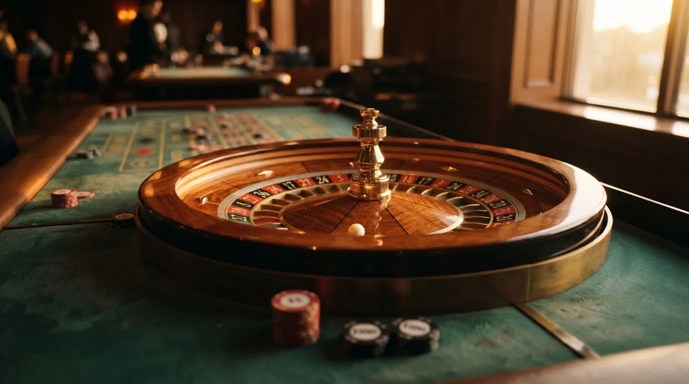 Roda de roleta e fichas sobre feltro verde, sob uma luz quente de fim de tarde — casinos online com depósito pt