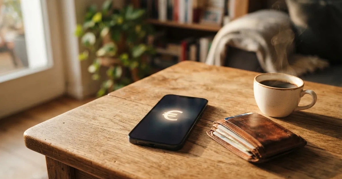 Telemóvel numa mesa de madeira ao lado de uma carteira e de uma chávena de café — casinos online com depósito pt
