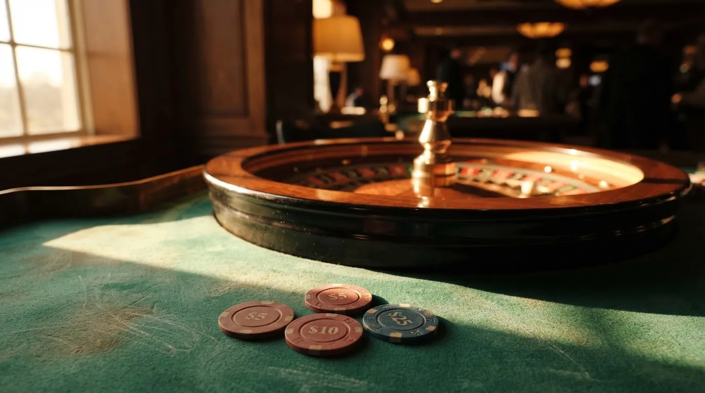 Roda de roleta e fichas sobre feltro verde, sob uma luz quente de fim de tarde — casinos online grátis em portugal