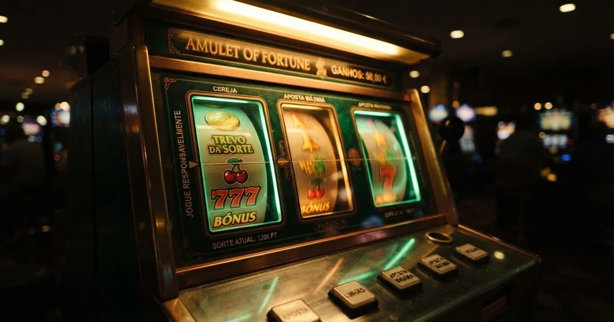 Rolos luminosos de uma slot machine numa sala escura, em grande plano — casinos online grátis em portugal