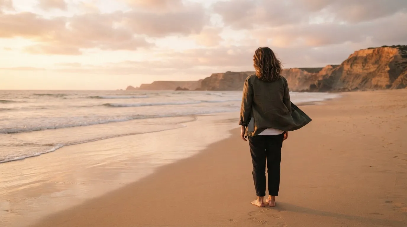 Pessoa de costas a olhar o mar numa praia do Algarve ao fim da tarde, com ar sereno e telemóvel guardado no bolso.