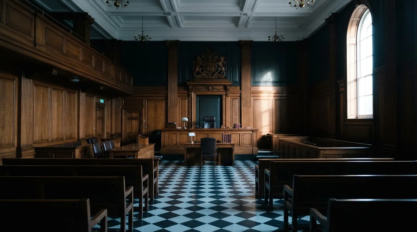 Sala de tribunal vazia com painéis de madeira, à luz da manhã — casinos online sem depósito pt