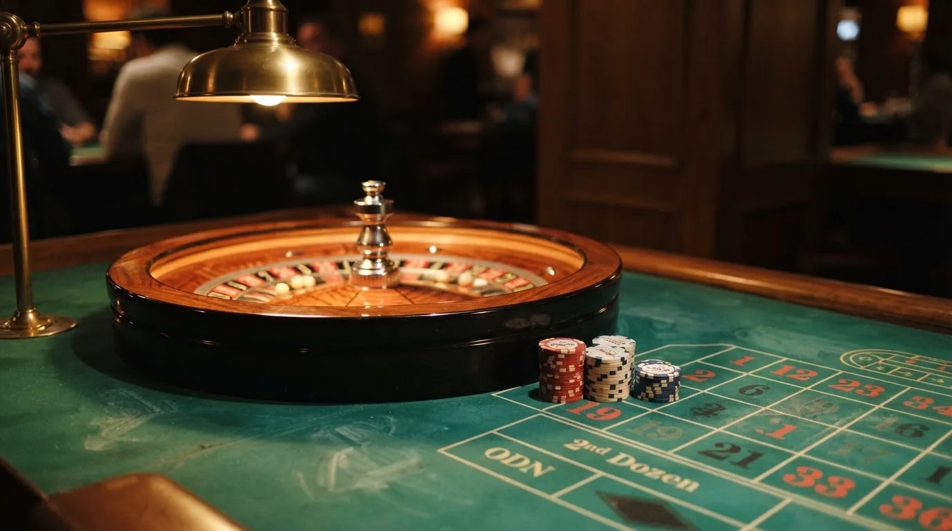 Roda de roleta e fichas sobre feltro verde, sob uma luz quente de fim de tarde — casinos online sem depósito pt