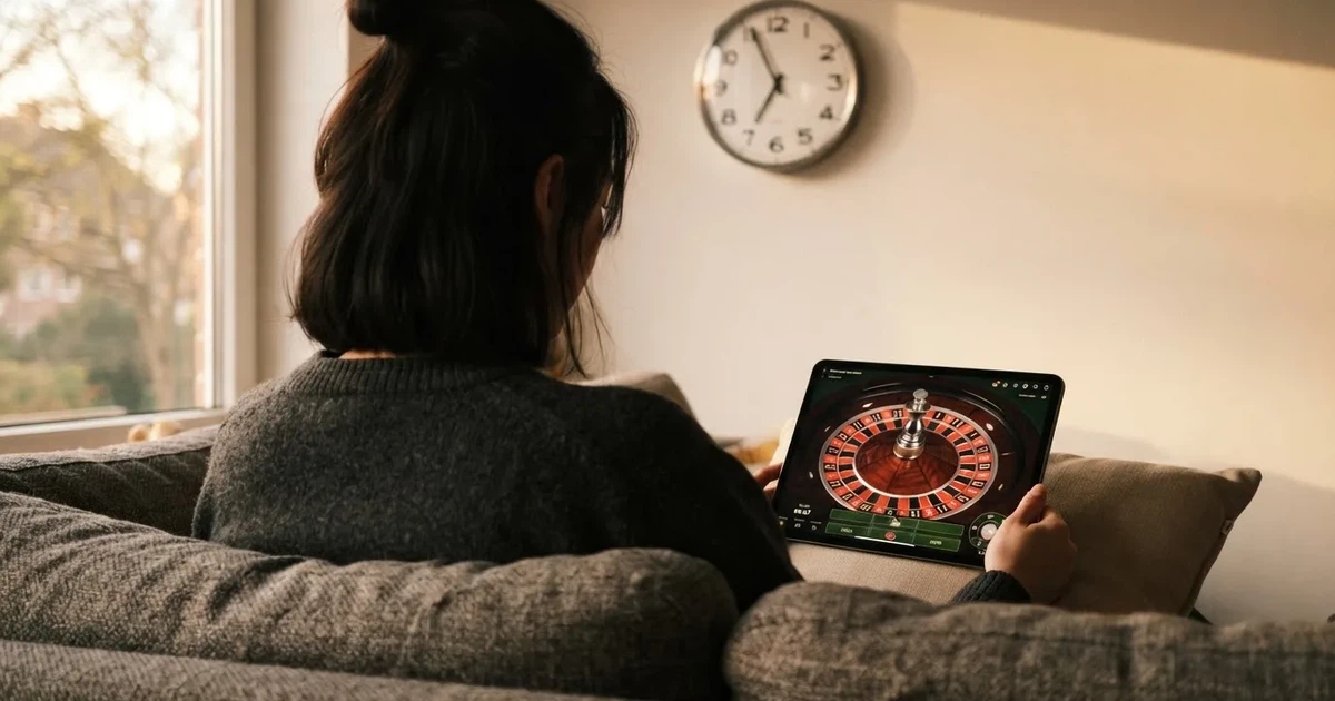 Pessoa num sofá a olhar pensativa para um tablet, com um relógio na parede atrás — casinos online sem depósito pt