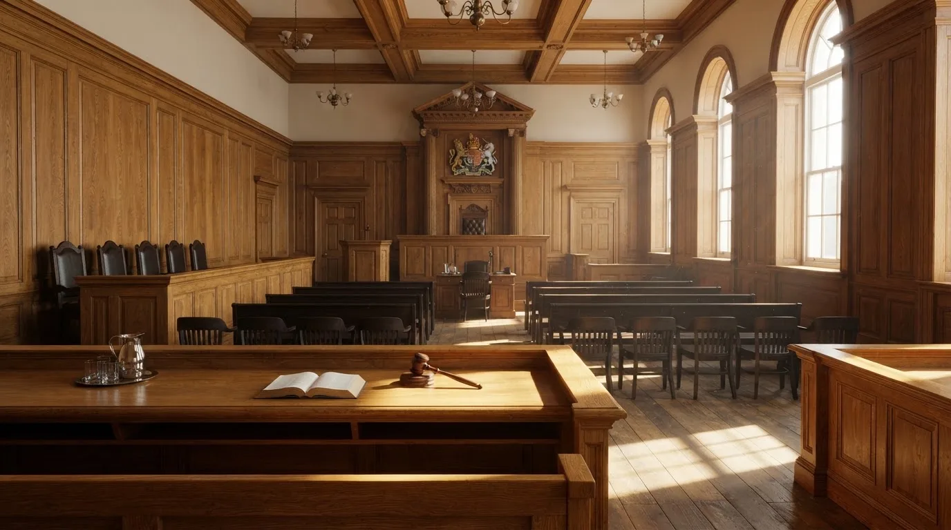 Sala de tribunal vazia com painéis de madeira, à luz da manhã — casinos para ganhar dinheiro pt