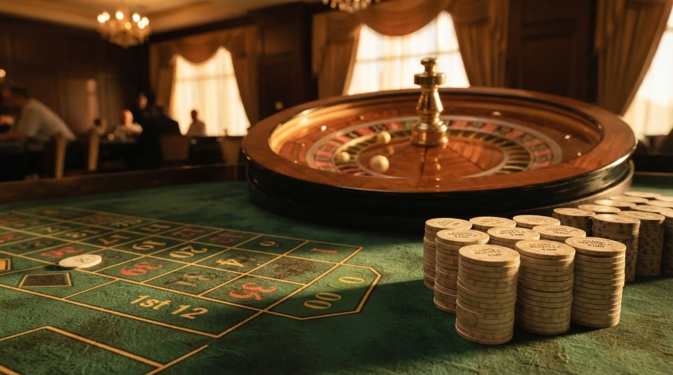 Roda de roleta e fichas sobre feltro verde, sob uma luz quente de fim de tarde — casinos para ganhar dinheiro pt