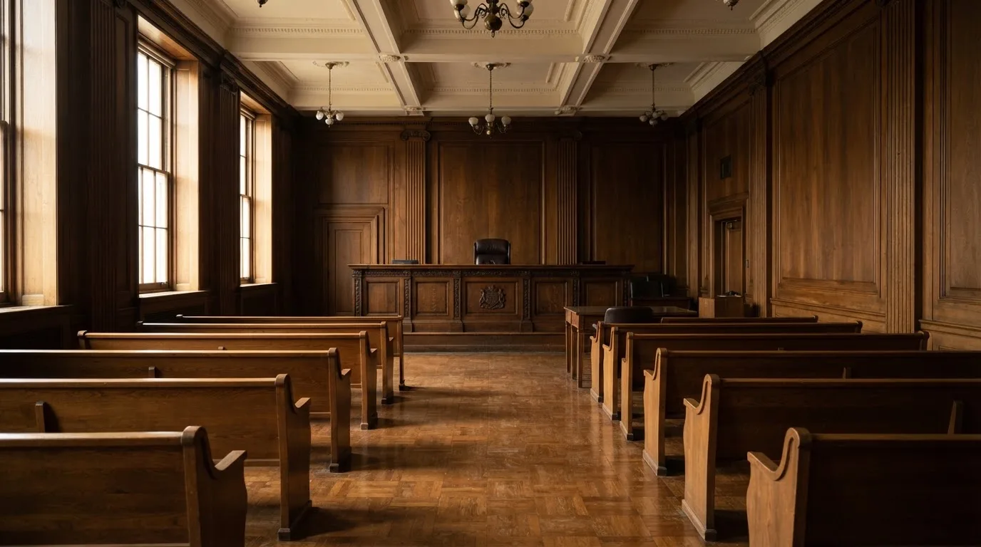 Sala de tribunal vazia com painéis de madeira, à luz da manhã — cassino com bônus em portugal