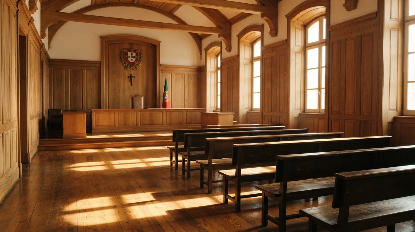 Sala de tribunal vazia com painéis de madeira, à luz da manhã — cassino com roleta em portugal