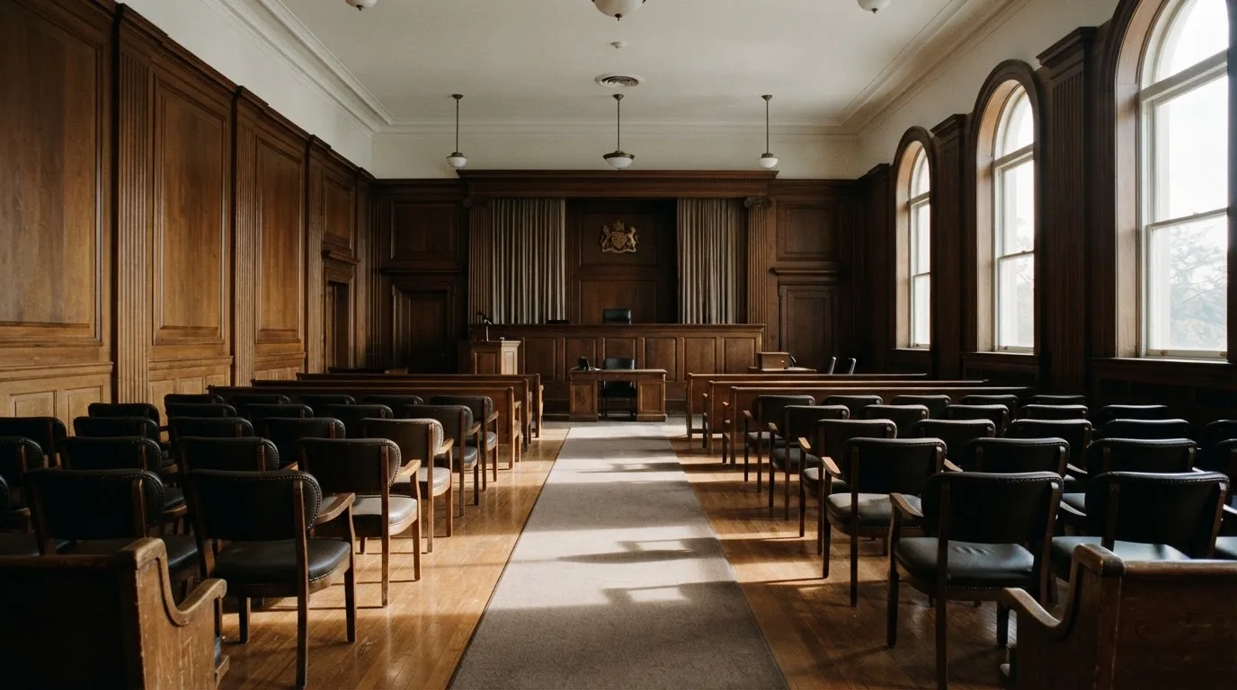 Sala de tribunal vazia com painéis de madeira, à luz da manhã — cassino grátis em portugal