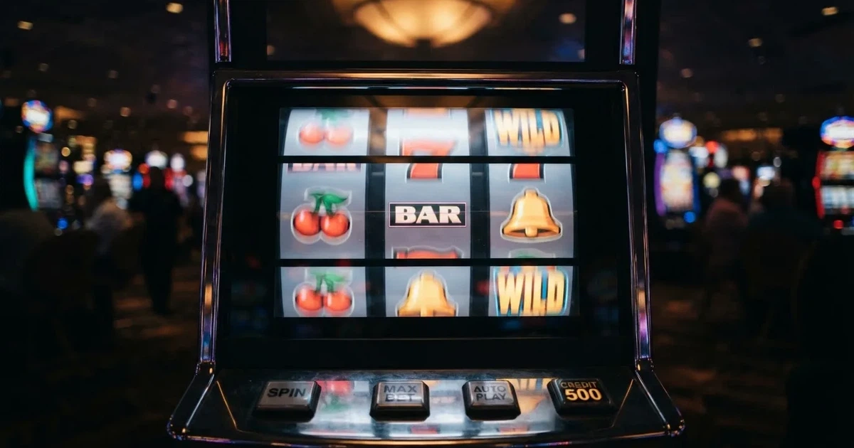 Rolos luminosos de uma slot machine numa sala escura, em grande plano — cassino grátis em portugal
