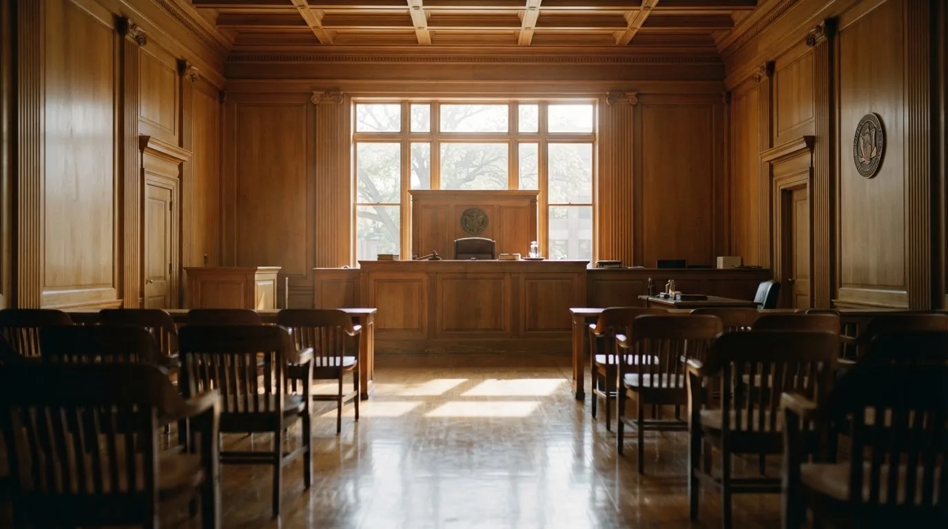 Sala de tribunal vazia com painéis de madeira, à luz da manhã — cassino sem depósito em portugal