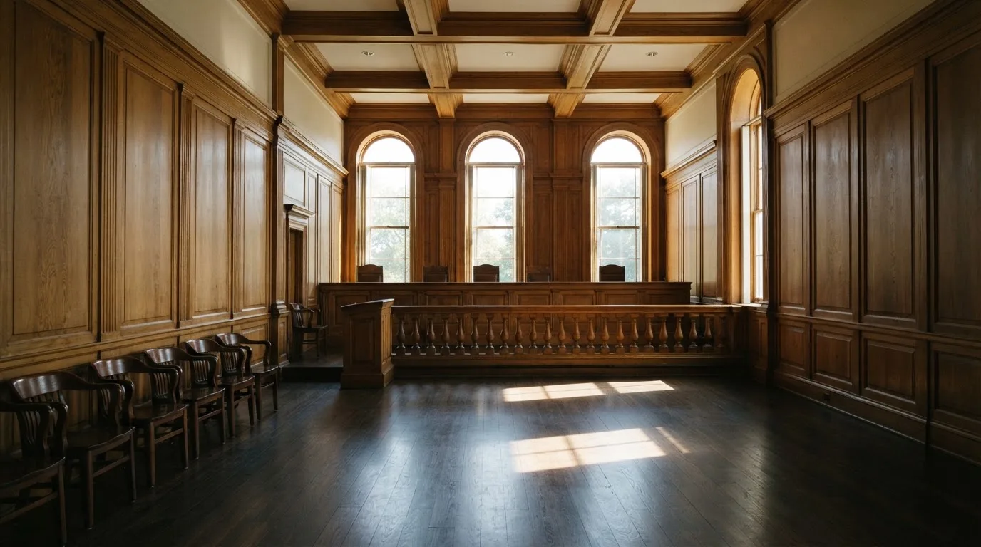 Sala de tribunal vazia com painéis de madeira, à luz da manhã — cassinos ao vivo em portugal