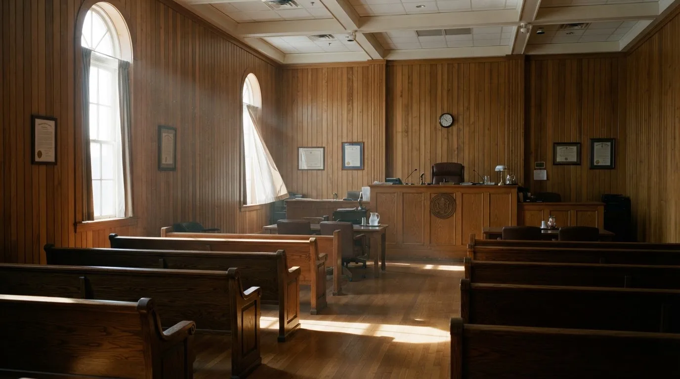 Sala de tribunal vazia com painéis de madeira, à luz da manhã — cassinos com bitcoin em portugal