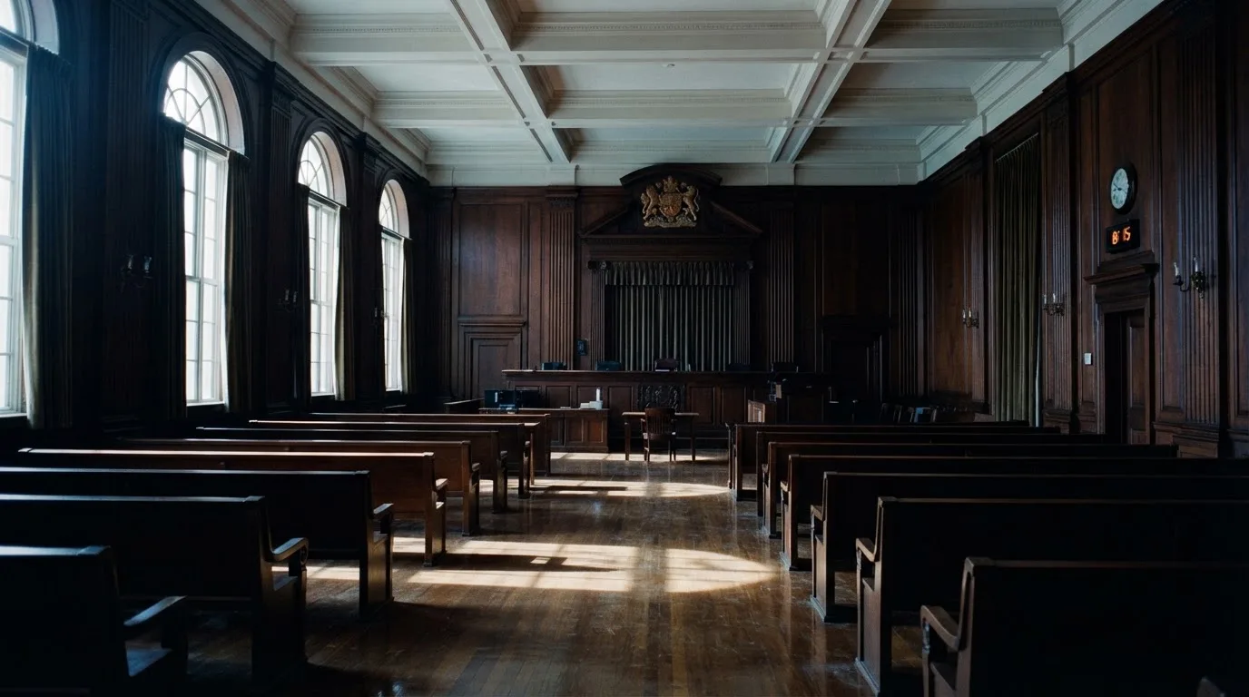 Sala de tribunal vazia com painéis de madeira, à luz da manhã — cassinos de criptomoedas pt