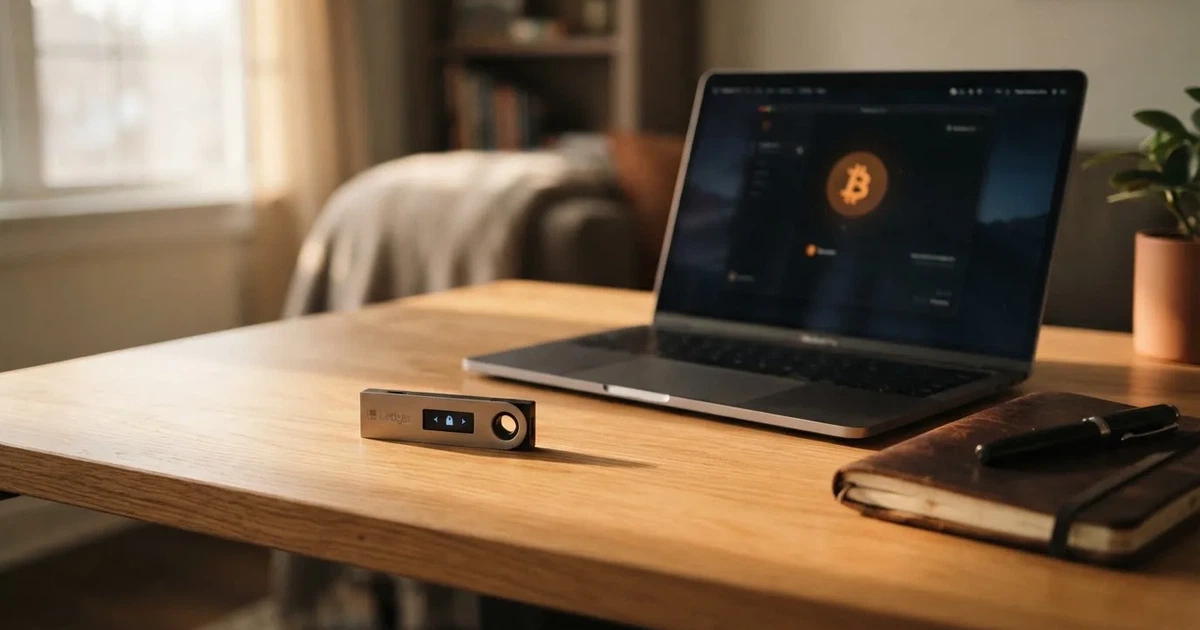 Carteira de hardware e computador portátil numa secretária, com luz suave — cassinos de criptomoedas pt